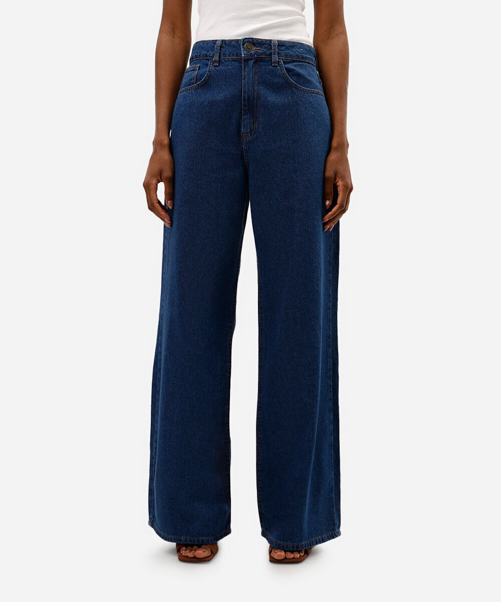 calça wide leg feminina jeans cintura alta azul