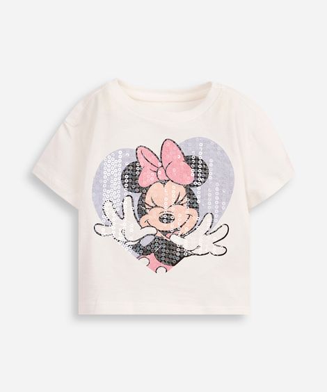 Camiseta infantil manga curta minnie paetê off white