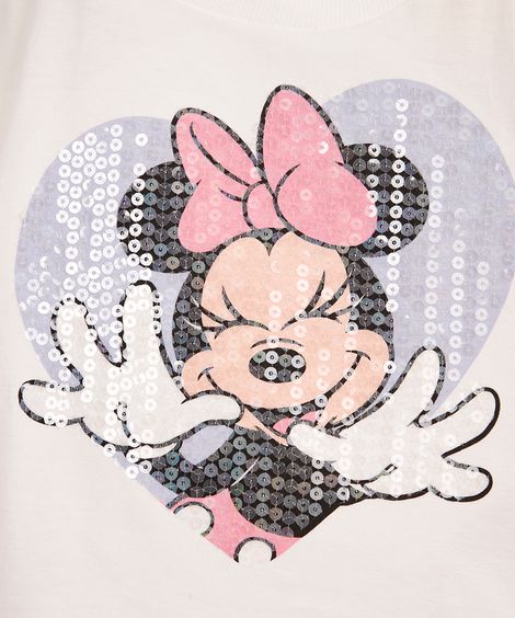Camiseta infantil manga curta minnie paetê off white