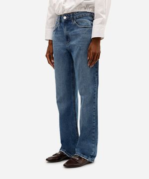 calça reta feminina jeans cintura alta azul