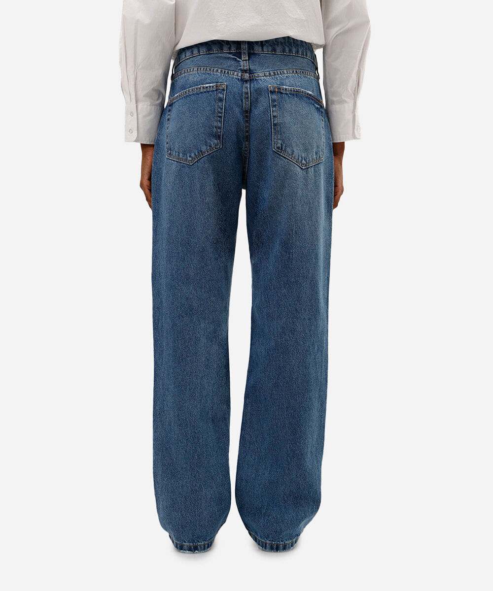 calça reta feminina jeans cintura alta azul