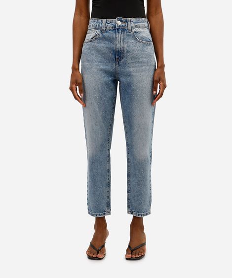 calça jeans mom cintura super alta com brilhos azul