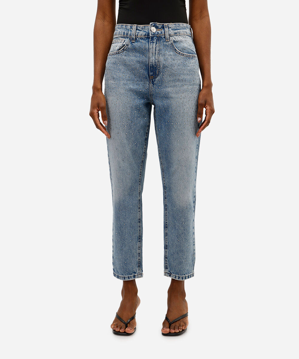 calça jeans mom cintura super alta com brilhos azul