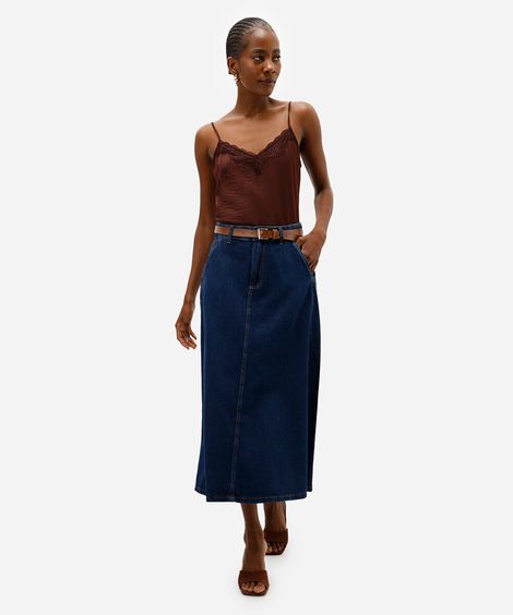saia midi feminina jeans com cinto azul