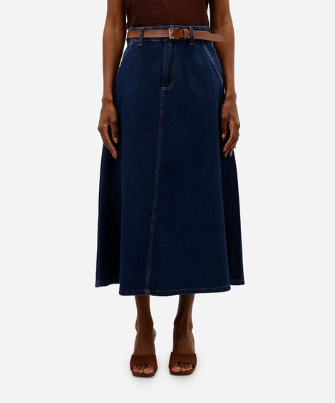 saia midi feminina jeans com cinto azul