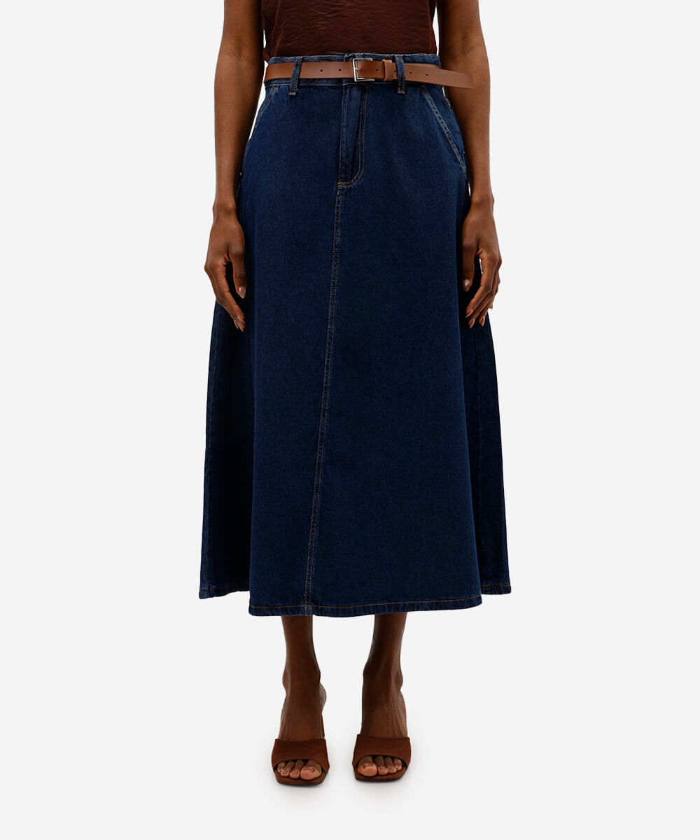 saia midi feminina jeans com cinto azul