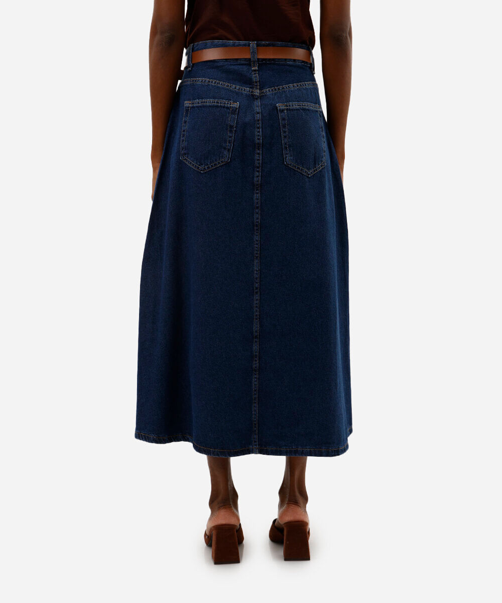 saia midi feminina jeans com cinto azul