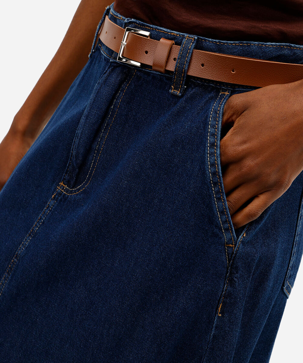 saia midi feminina jeans com cinto azul