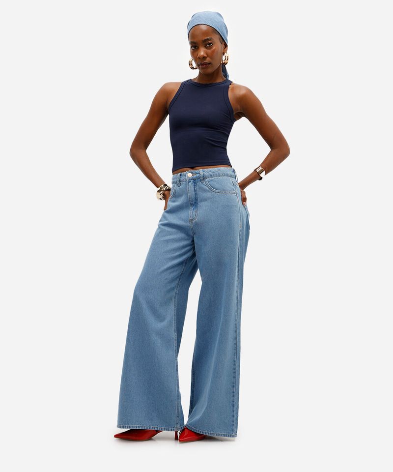calça jeans wide leg cintura super alta azul medio