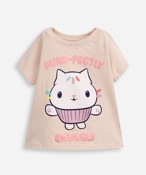 camiseta infantil de algodão gabby gatinho hello bege
