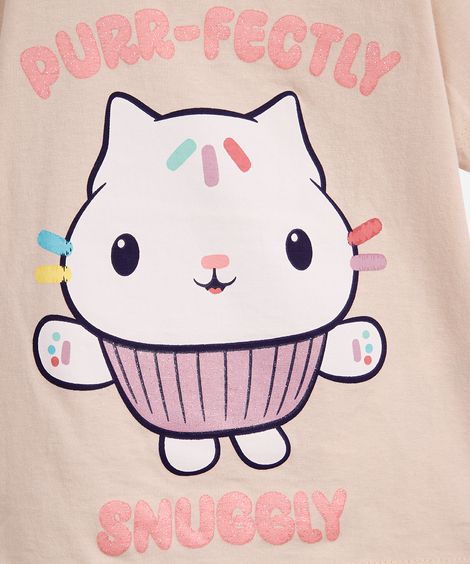 camiseta infantil de algodão gabby gatinho hello bege