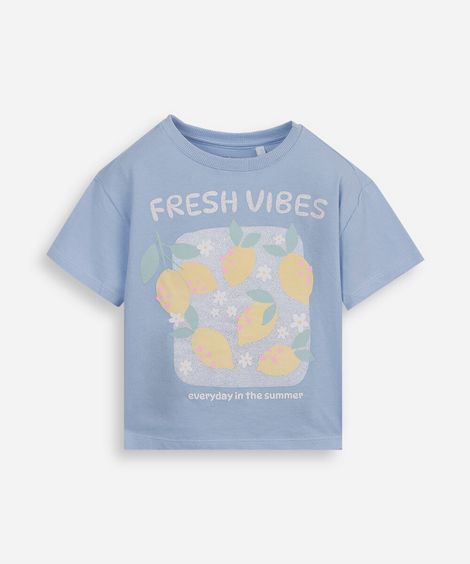 camiseta de algodão infantil manga curta estampa com glitter azul