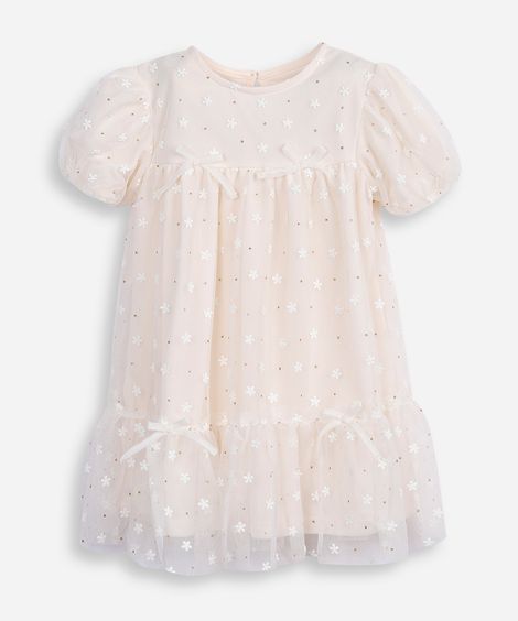 vestido infantil de tule lacinho manga curta off white