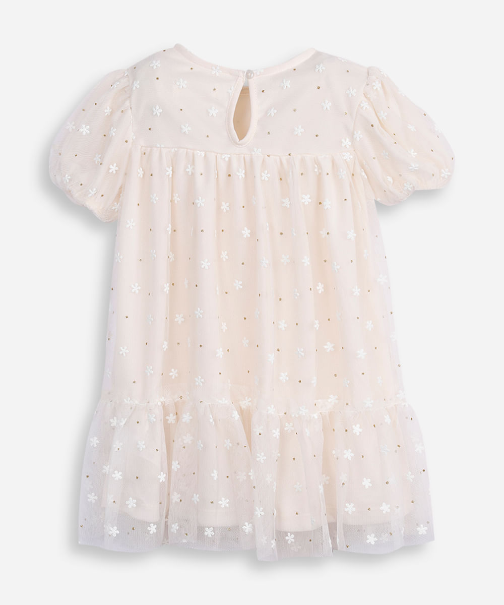vestido infantil de tule lacinho manga curta off white
