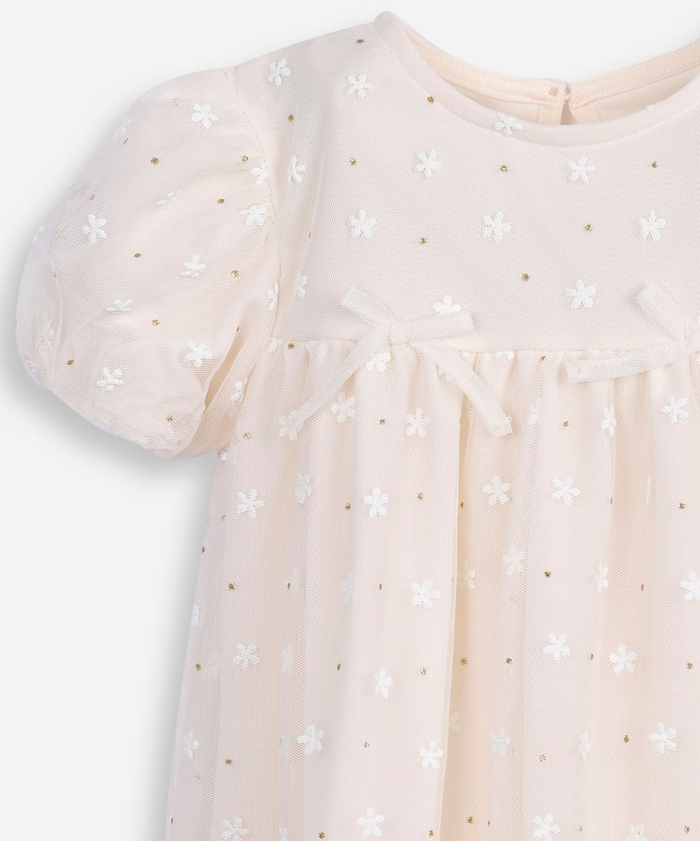 vestido infantil de tule lacinho manga curta off white