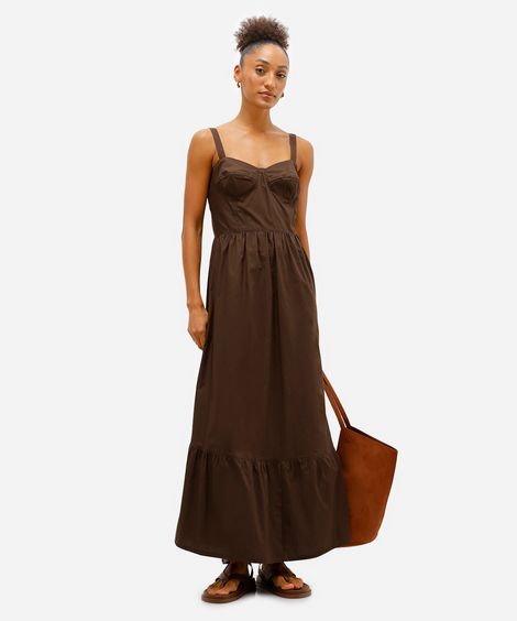 vestido longo feminino de algodão alça fina com recortes marrom