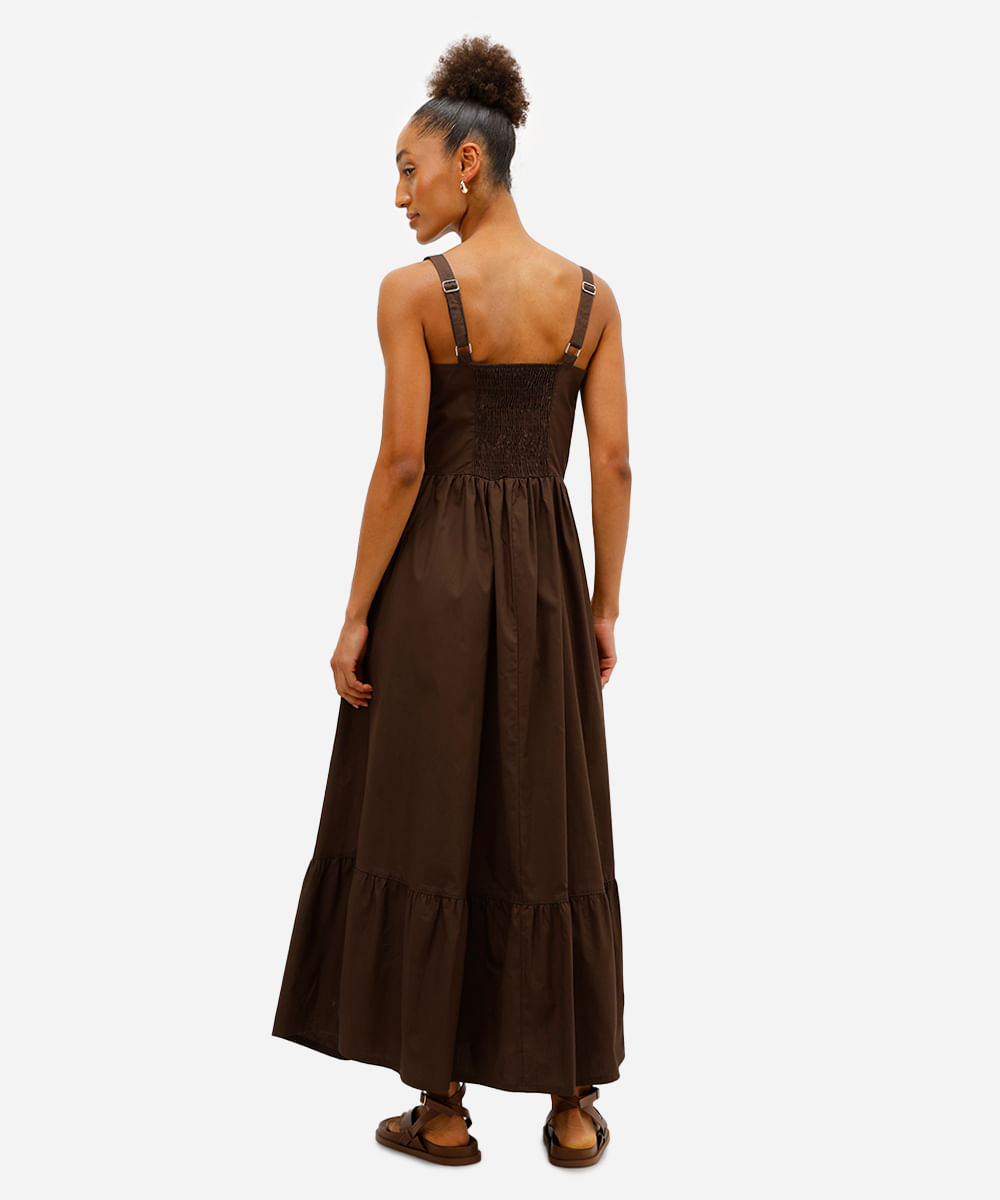 vestido longo feminino de algodão alça fina com recortes marrom