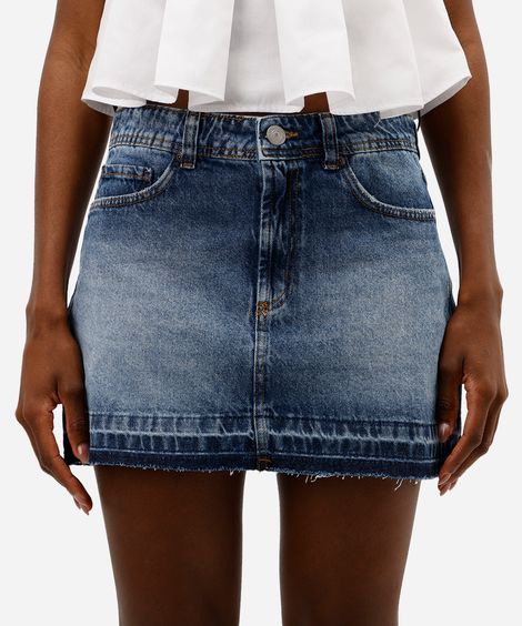 saia curta feminina jeans cintura média barra desfiada azul