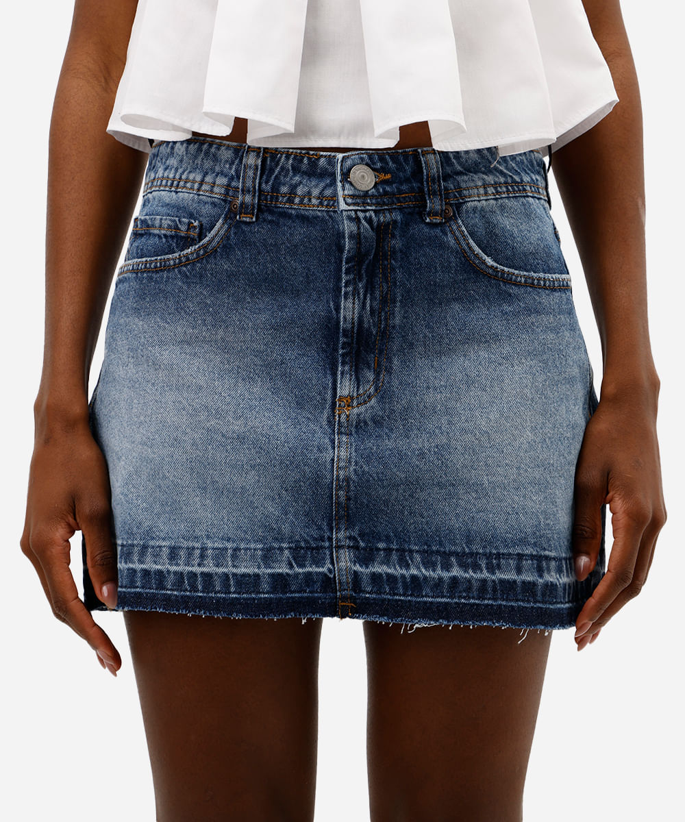 saia curta feminina jeans cintura média barra desfiada azul