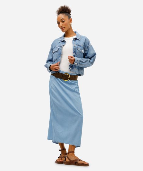 saia longa feminina jeans com fenda e pregas azul