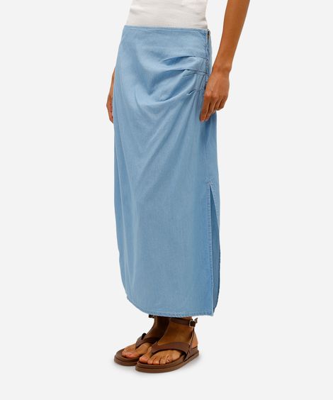 saia longa feminina jeans com fenda e pregas azul