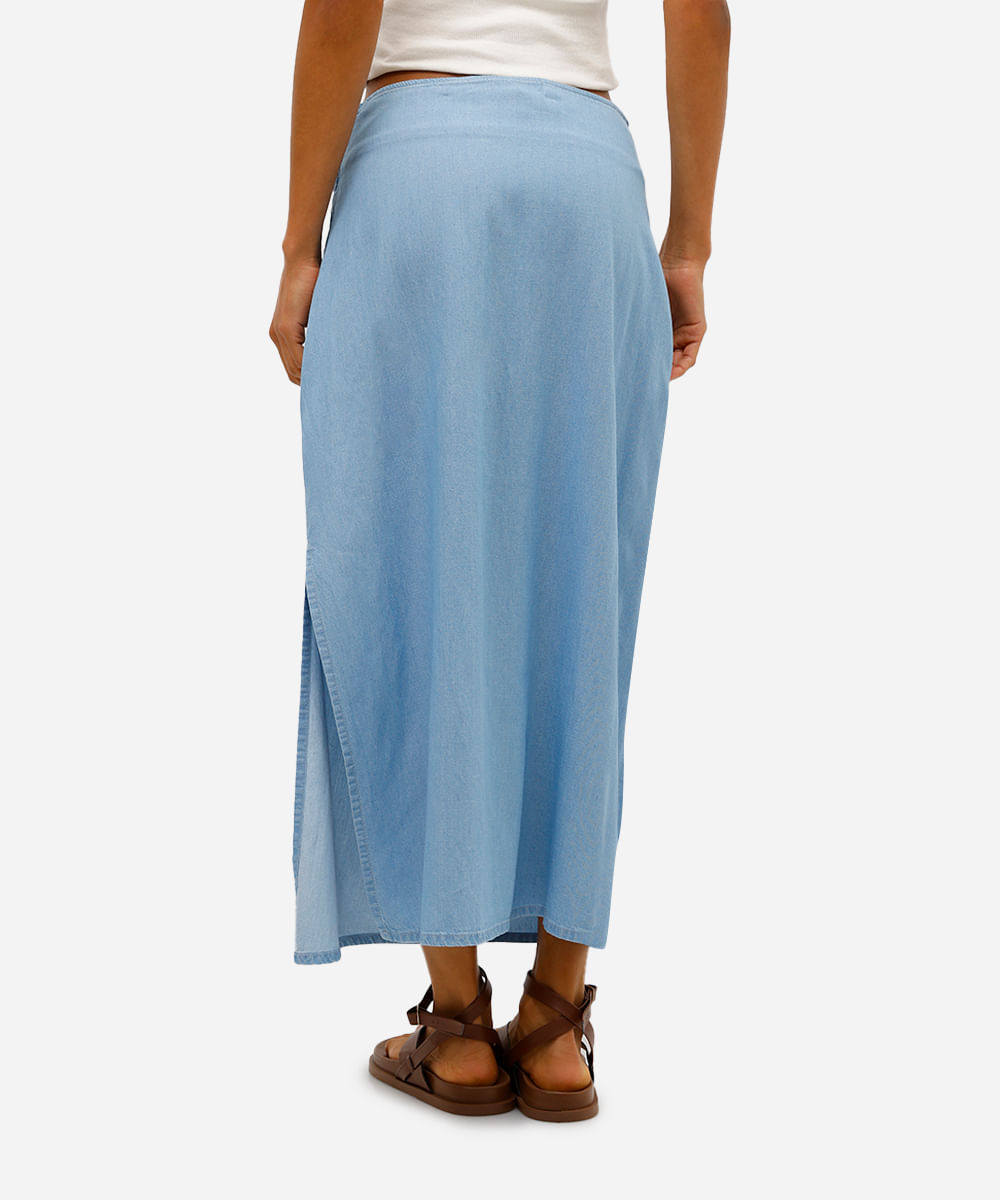 saia longa feminina jeans com fenda e pregas azul
