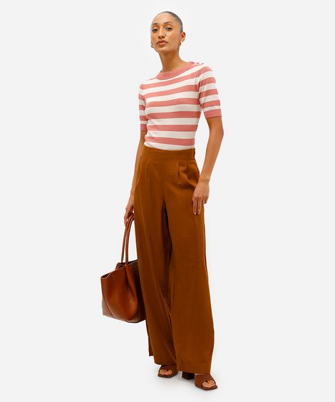 calça wide leg feminina com pences e linho marrom