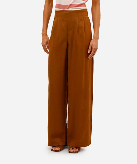 calça wide leg feminina com pences e linho marrom