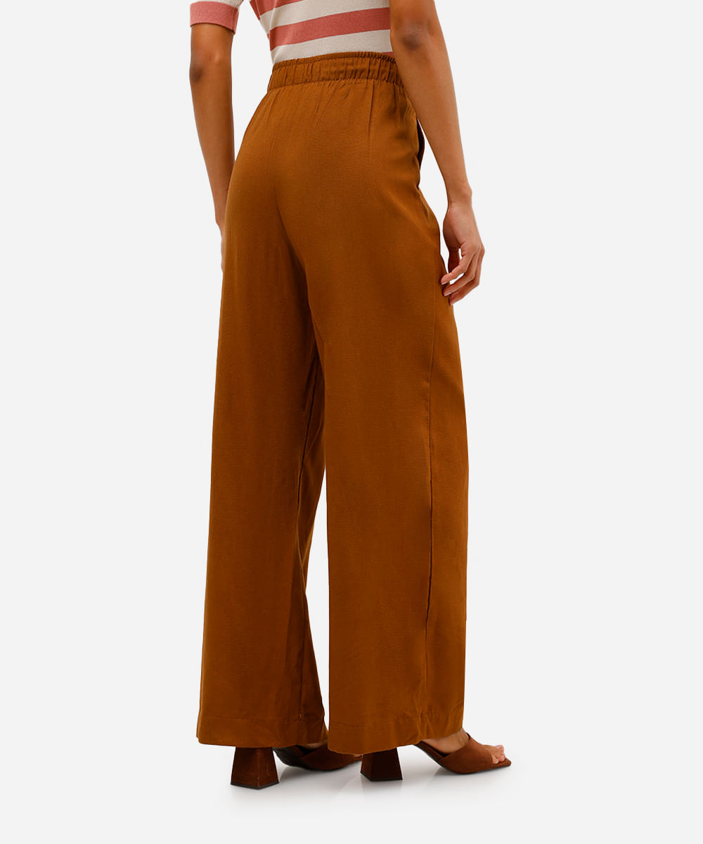 calça wide leg feminina com pences e linho marrom