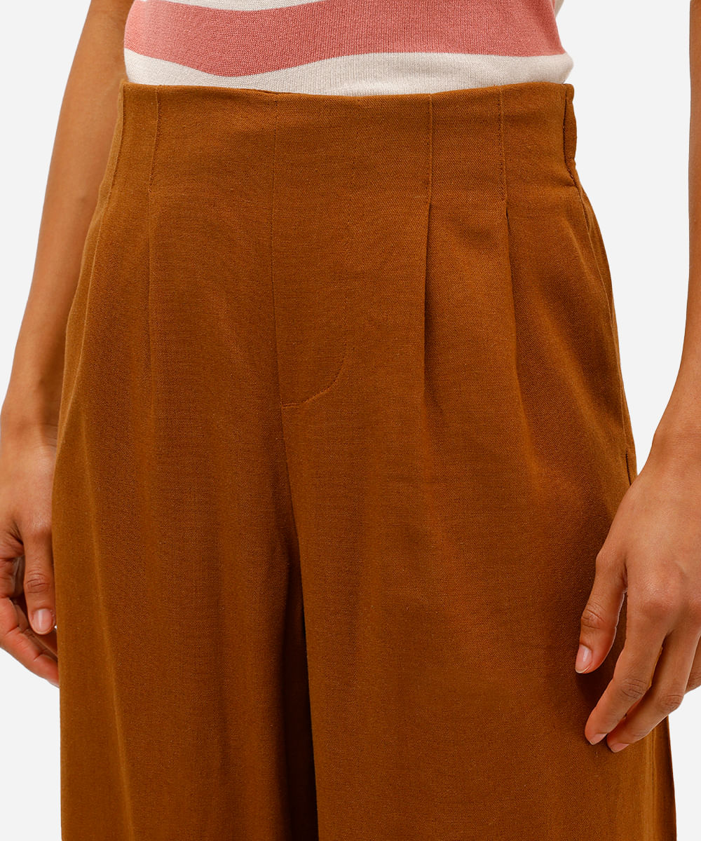 calça wide leg feminina com pences e linho marrom