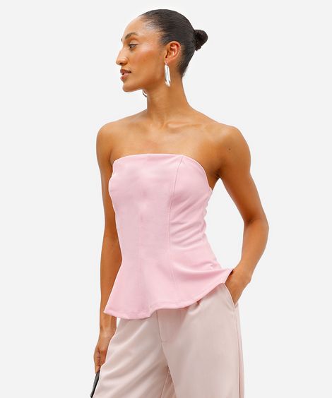 blusa peplum feminina sem alça texturizada rosa