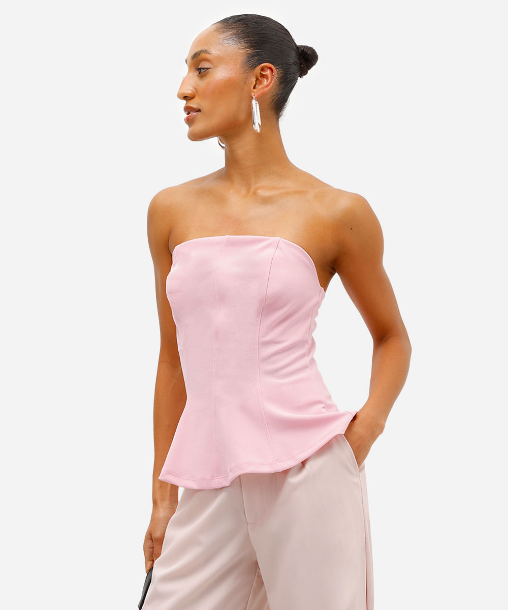 blusa peplum feminina sem alça texturizada rosa