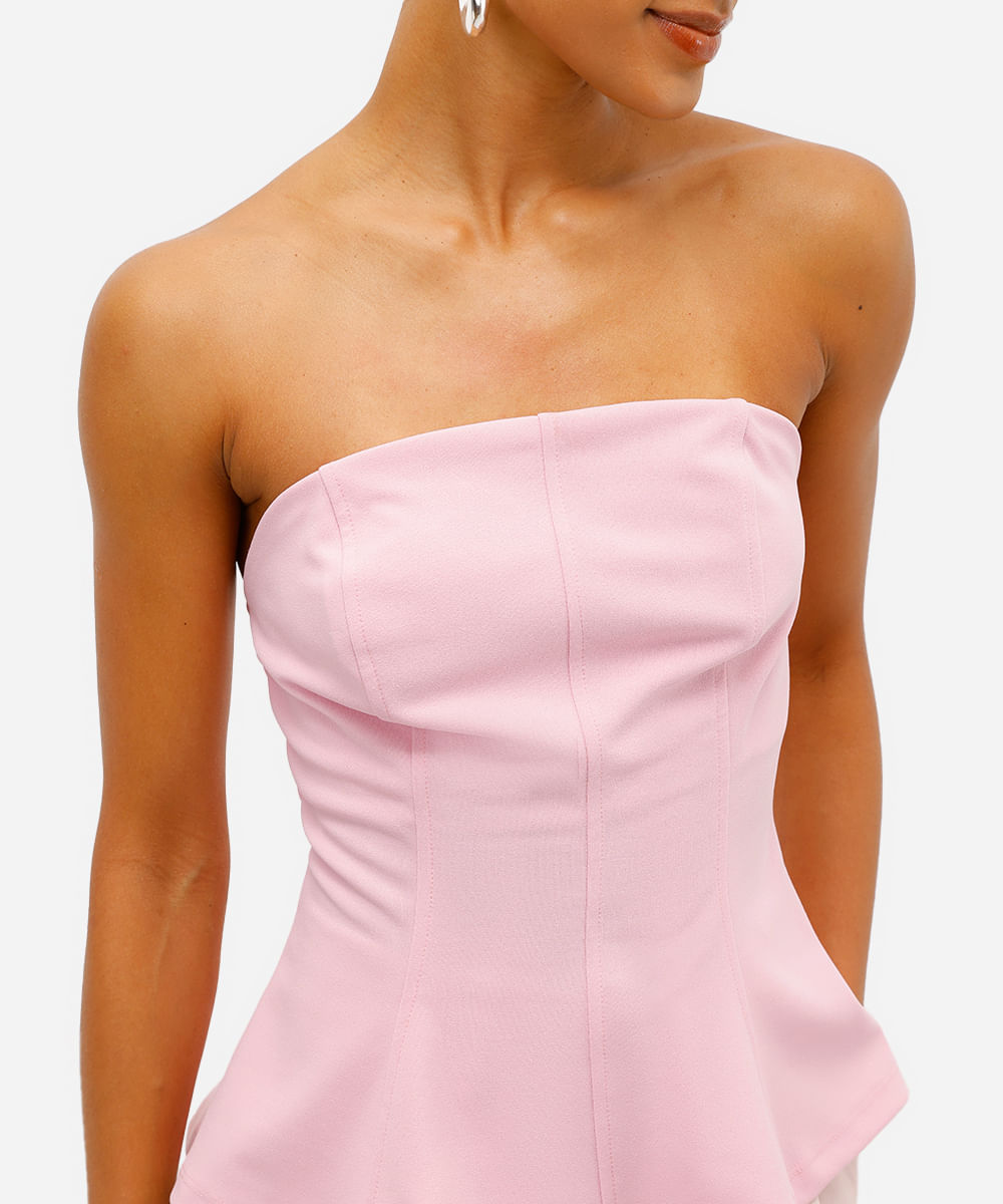 blusa peplum feminina sem alça texturizada rosa