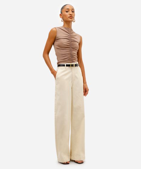 calça feminina wide leg stretch cintura super alta alfaiatada bege