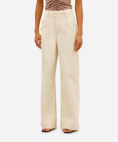 calça feminina wide leg stretch cintura super alta alfaiatada bege