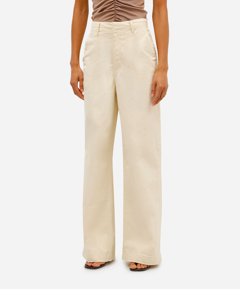 calça feminina wide leg stretch cintura super alta alfaiatada bege