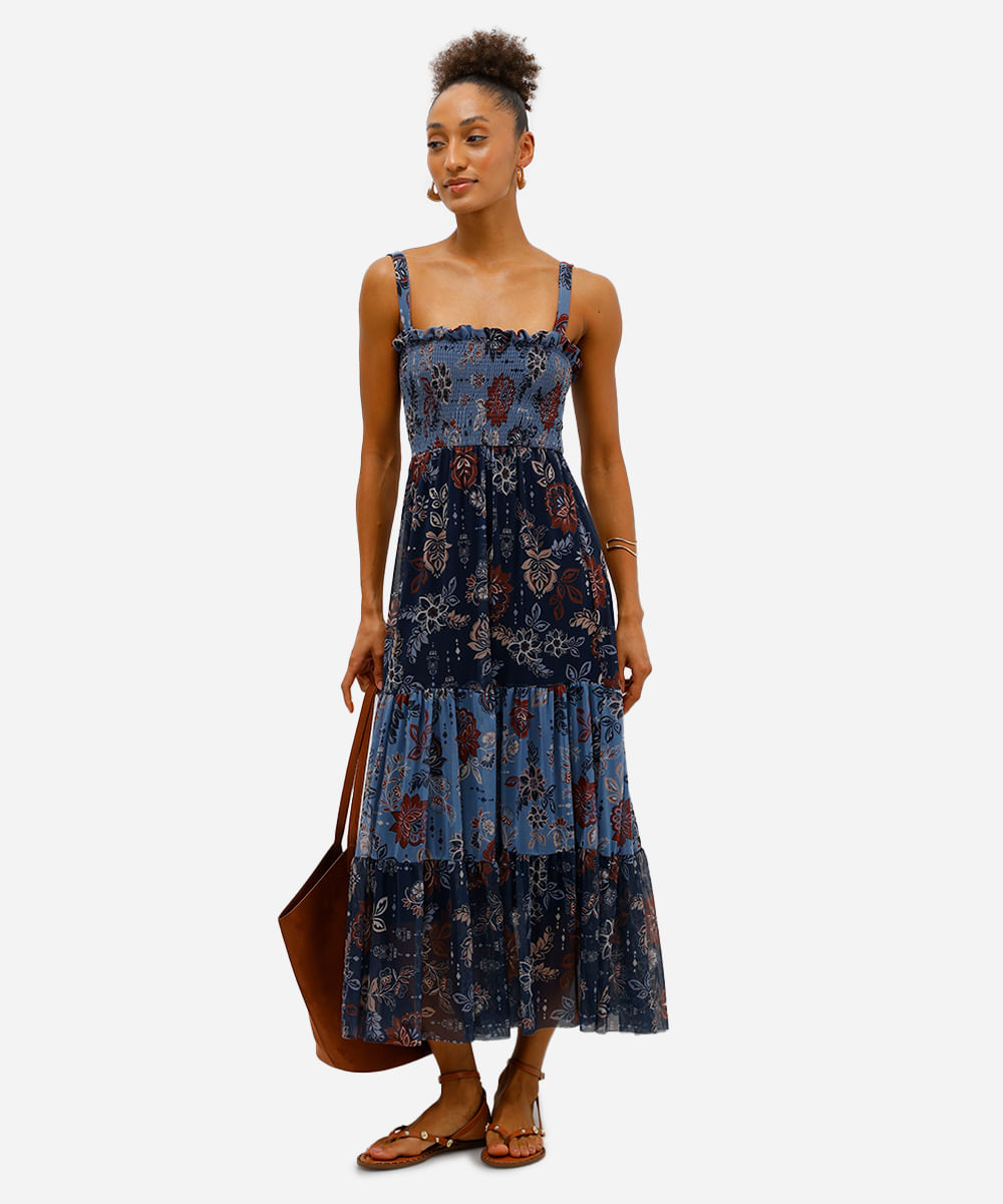 vestido midi feminino de tule alça fina com recorte floral azul