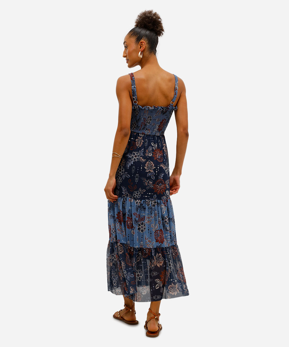 vestido midi feminino de tule alça fina com recorte floral azul