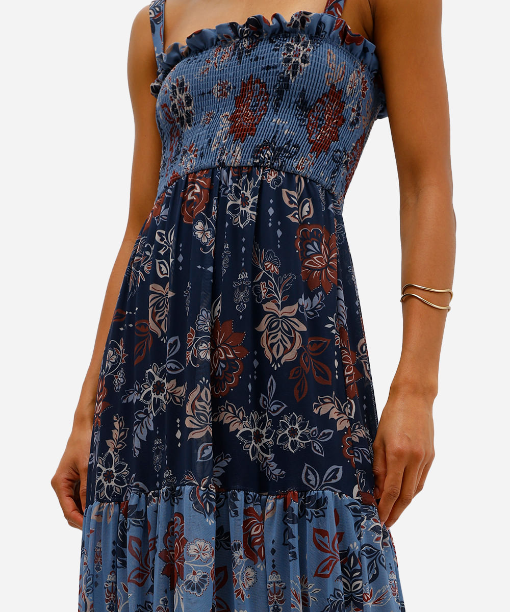 vestido midi feminino de tule alça fina com recorte floral azul
