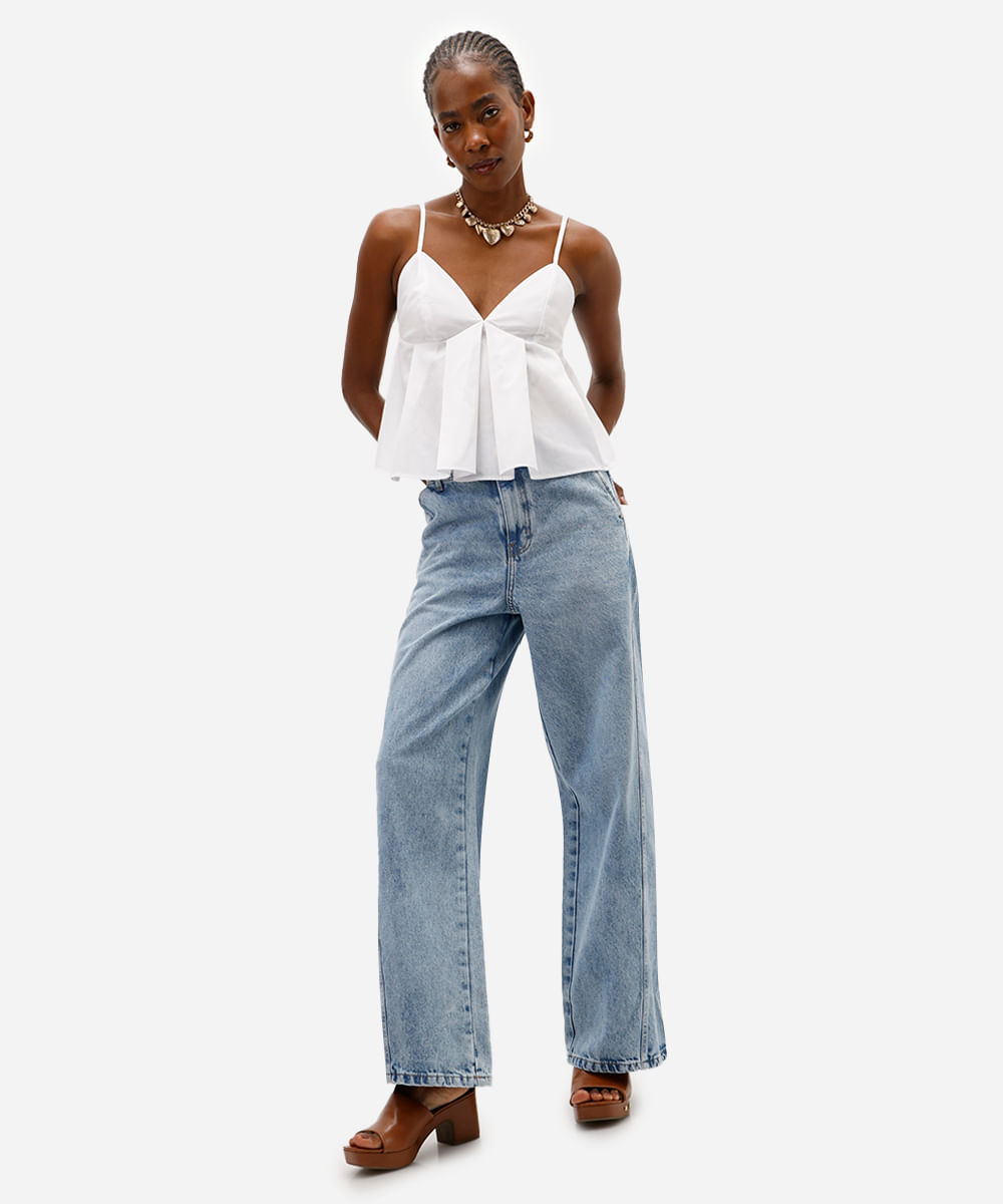 calça wide leg feminina jeans cintura alta azul