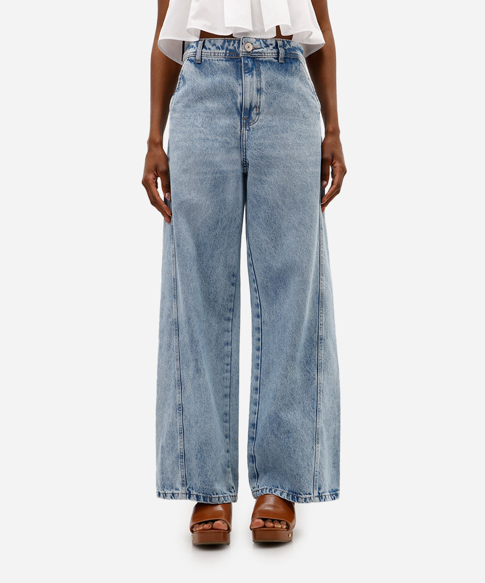calça wide leg feminina jeans cintura alta azul