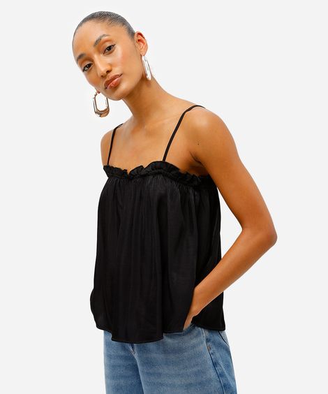 blusa feminina franzida alça fina acetinada preta