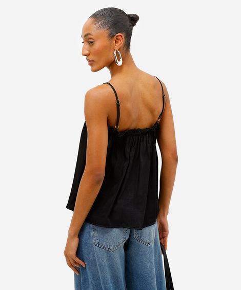 blusa feminina franzida alça fina acetinada preta