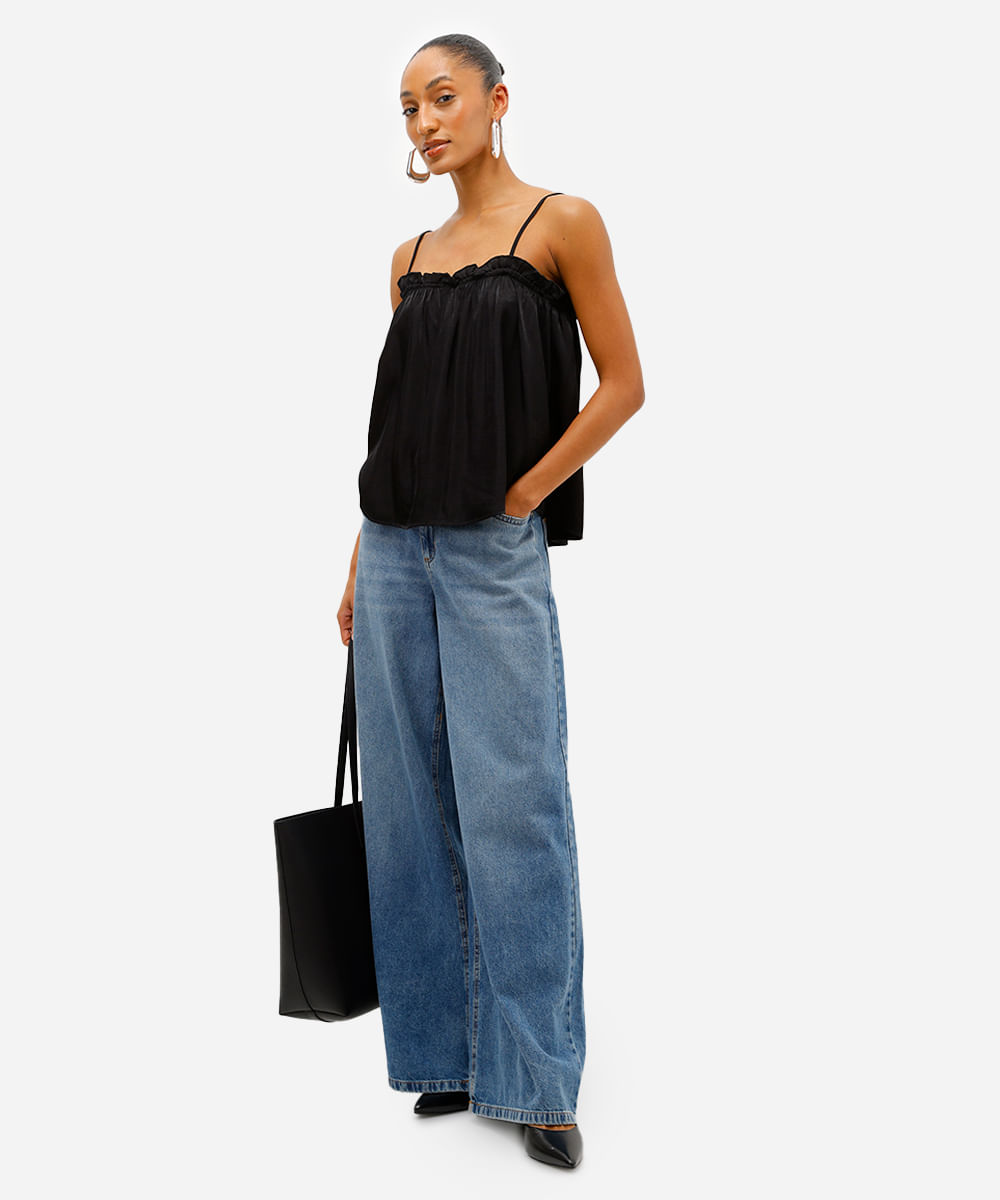 blusa feminina franzida alça fina acetinada preta