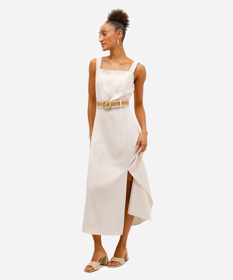vestido midi feminino com linho e cinto bege