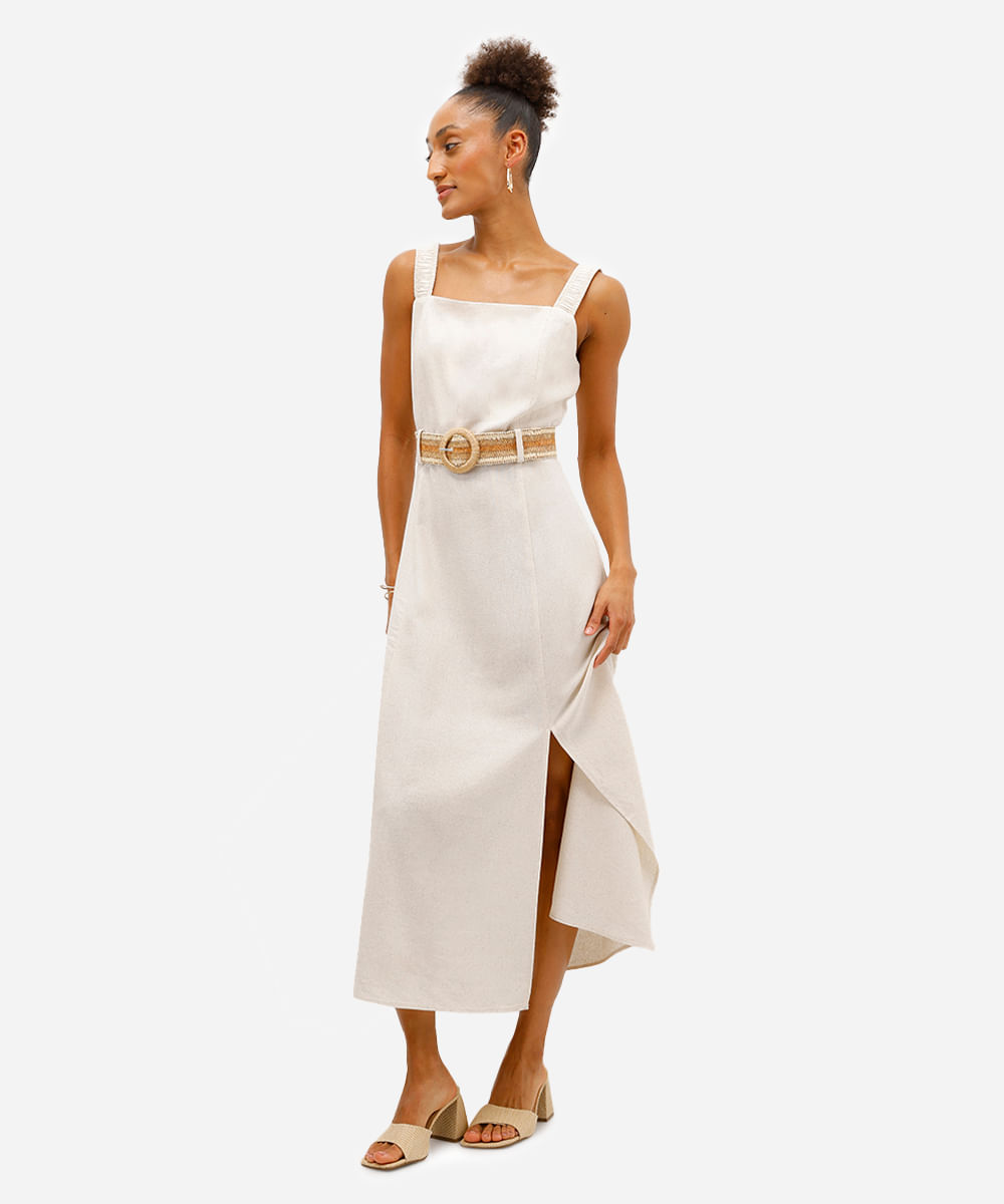 vestido midi feminino com linho e cinto bege
