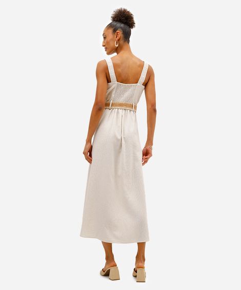vestido midi feminino com linho e cinto bege