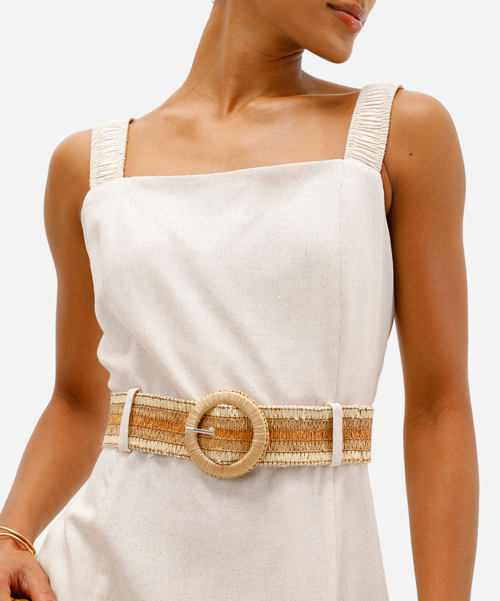 vestido midi feminino com linho e cinto bege