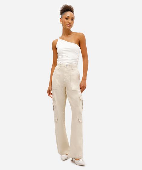 calça feminina sarja cintura alta cargo multibolsos bege