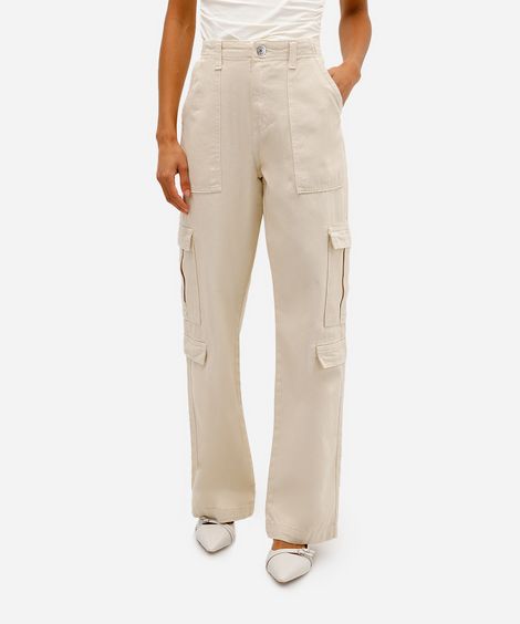 calça feminina sarja cintura alta cargo multibolsos bege